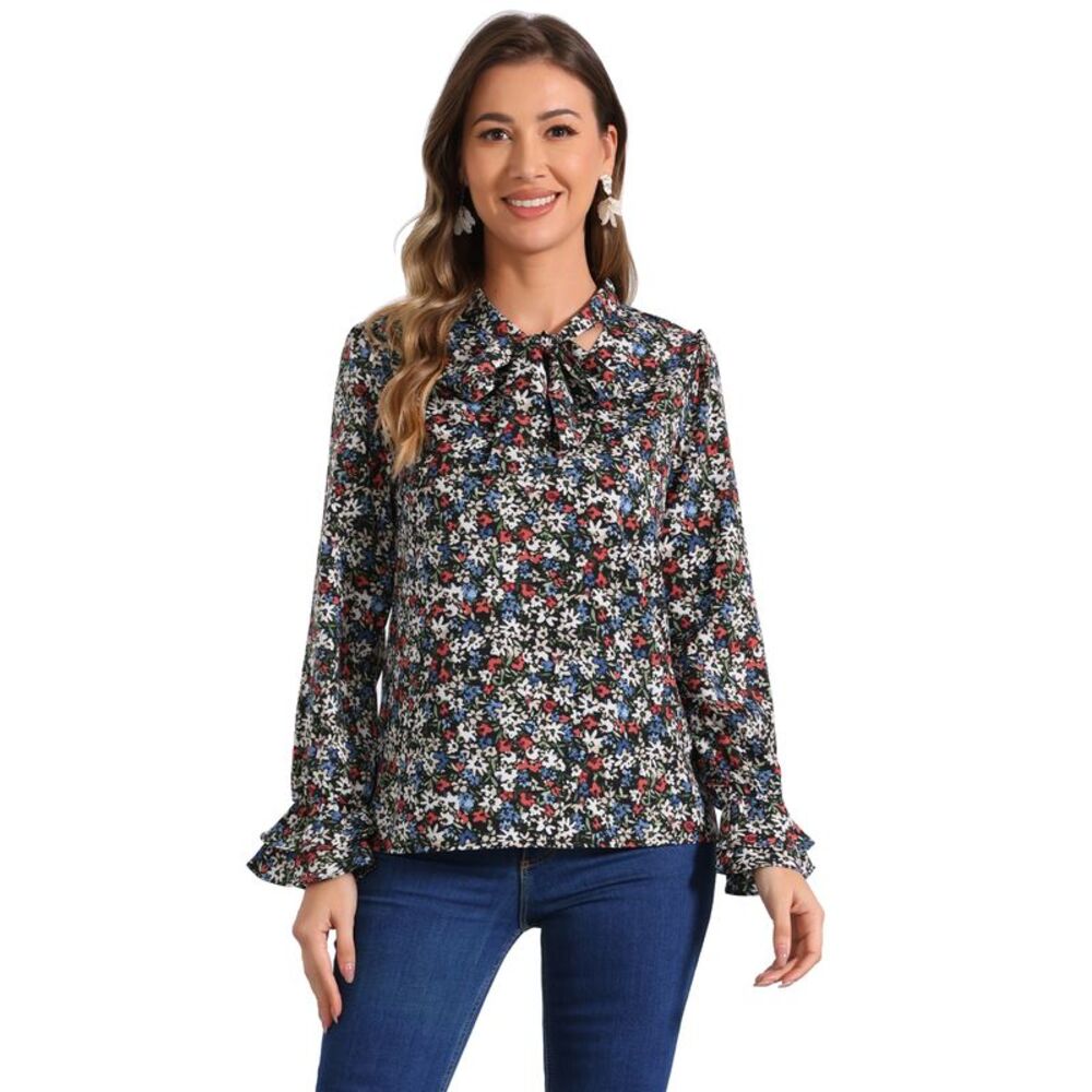 Floral Tie V Neck Blouse Chiffon Ruffle Trumpet Top Black Blue